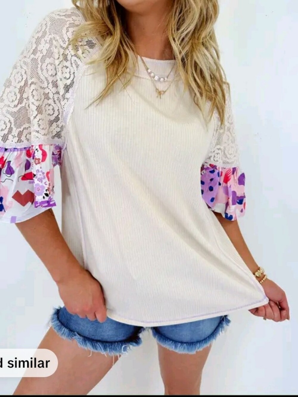Easel Lace Sleeve Cream Top with Floral Bell Cuffs